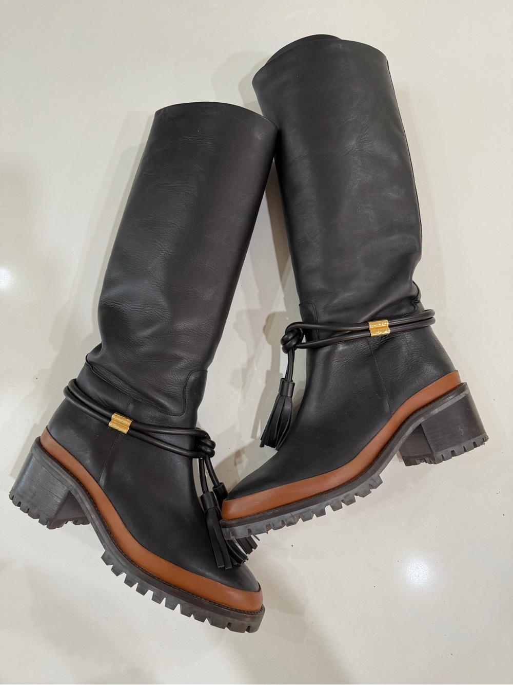 Ulla Johnson Black Leather Knee-High Boots with Brown Trim